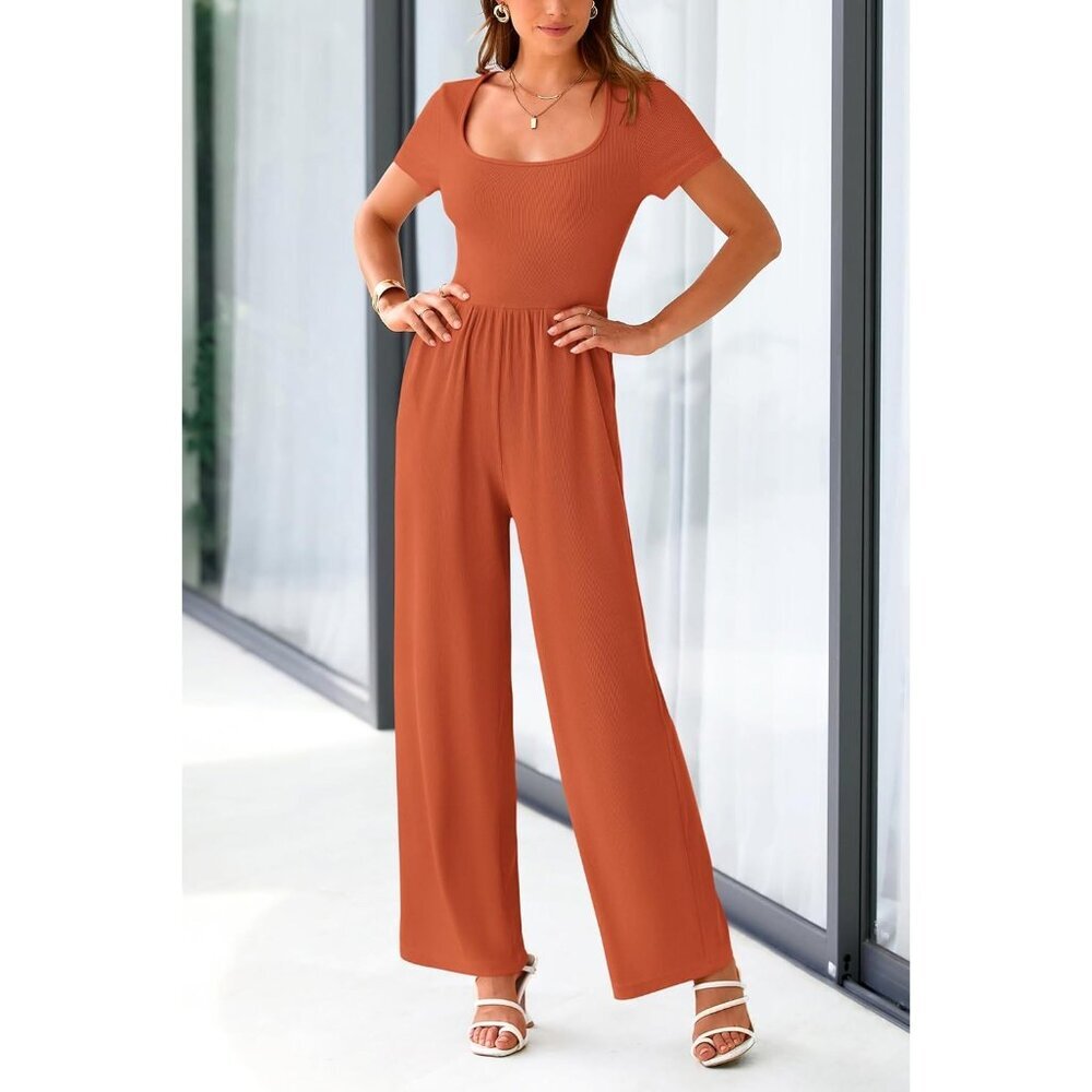Women's Brick Red Summer Short Sleeve Square Neck Wide Leg Rompers Jumpsuits - Picture 8 of 8